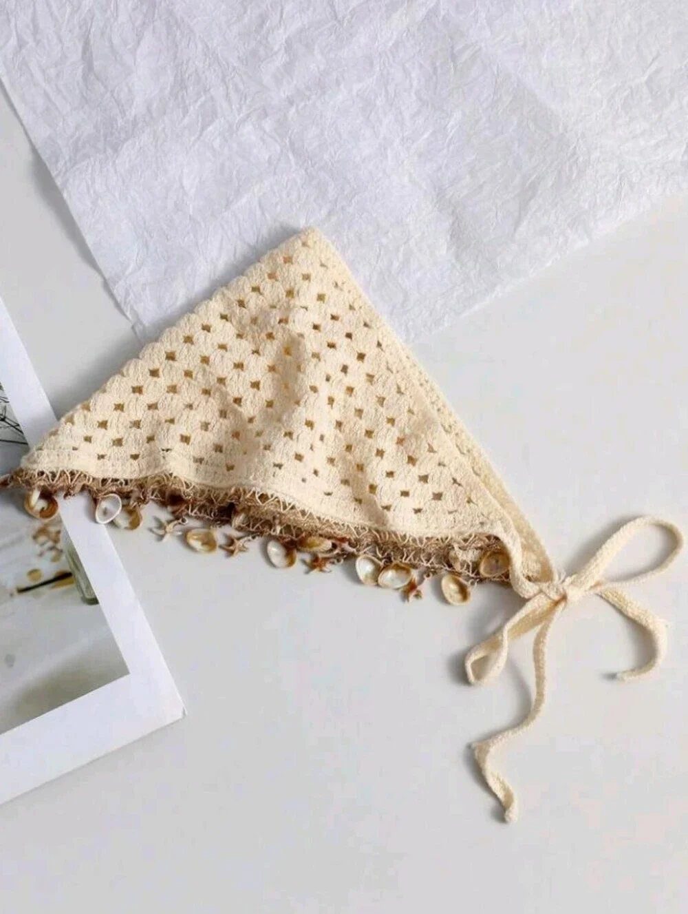 Cream Crochet Shell & Starfish Bandana Headscarf Summer Beach Festival Scarf